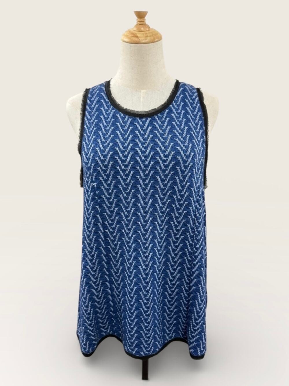 Postmark by Anthro Blue/White Print w/Black Fringe Trim and Zip Up Back, Size L